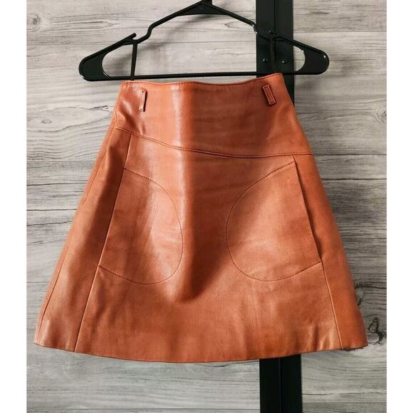 ba & sh 100% Lamb Leather Miniskirt in Cognac Size 1 / US Small MSRP $475 - Picture 1 of 6